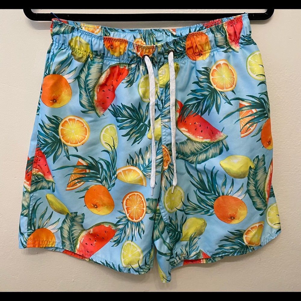 City Streets Mens Swimming Trunks Bathing Suit Shorts Light Blue Fruits Medium